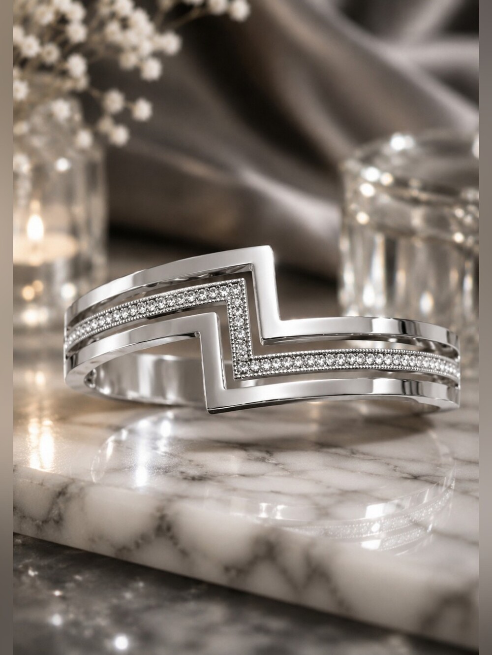 Silver Tone Chevron Hinged Bangle Bracelet Pavé CZ Minimalist Statement Cuff